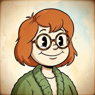 1930s rubber-hose cartoon avatar of a young woman with a copper-red bob and round glasses