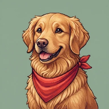 32-bit pixel art portrait of a golden retriever in a red bandana