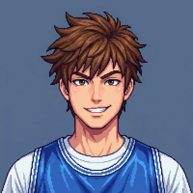 32-bit pixel art portrait of a young man with spiky brown hair in a basketball jersey