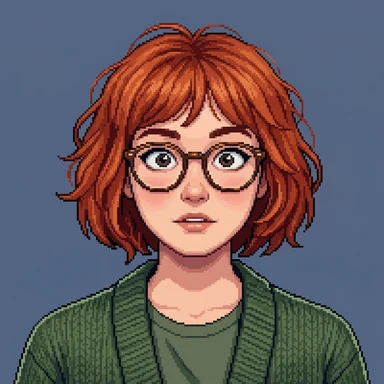 32-bit pixel art portrait of a young woman with a copper-red bob and round glasses