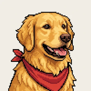8-bit pixel art avatar of a golden retriever in a red bandana