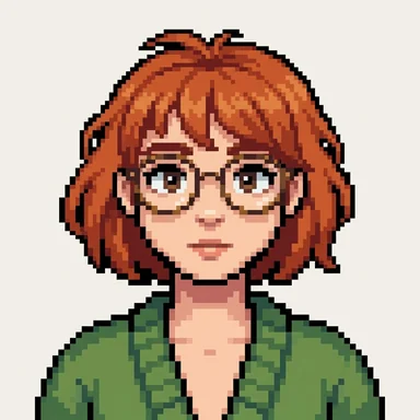 8-bit pixel art avatar of a young woman with a copper-red bob and round glasses