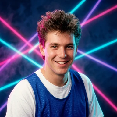 1980s yearbook-style portrait photo of a young man with spiky brown hair in a basketball jersey