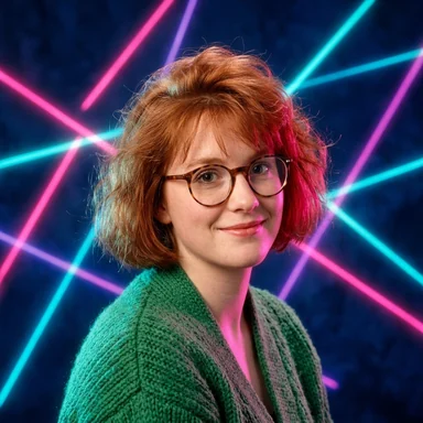 1980s yearbook-style portrait photo of a young woman with a copper-red bob and round glasses