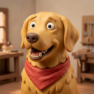 Stop-motion clay character avatar of a golden retriever in a red bandana