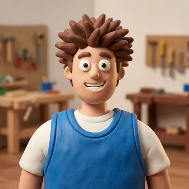 Stop-motion clay character avatar of a young man with spiky brown hair in a basketball jersey