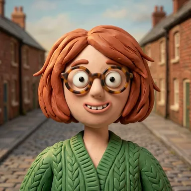 Stop-motion clay character avatar of a young woman with a copper-red bob and round glasses