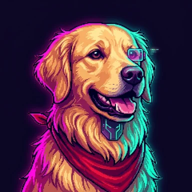 Cyberpunk pixel art avatar of a golden retriever in a red bandana