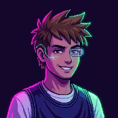 Cyberpunk pixel art avatar of a young man with spiky brown hair in a basketball jersey