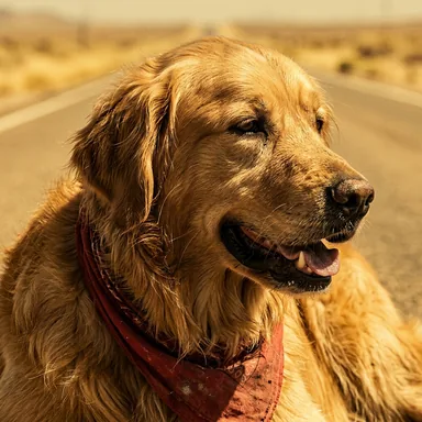 Neo-Western crime drama portrait photo of a golden retriever in a red bandana