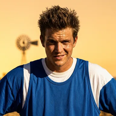 Neo-Western crime drama portrait photo of a young man with spiky brown hair in a basketball jersey