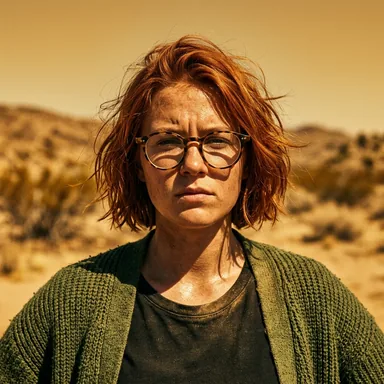 Neo-Western crime drama portrait photo of a young woman with a copper-red bob and round glasses