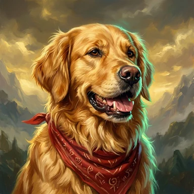 Painted fantasy character portrait of a golden retriever in a red bandana