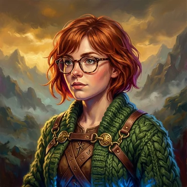 Painted fantasy character portrait of a young woman with a copper-red bob and round glasses