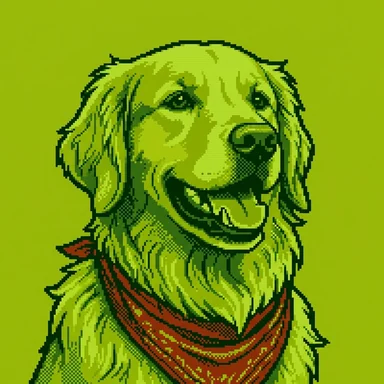 Green four-shade handheld pixel avatar of a golden retriever in a red bandana