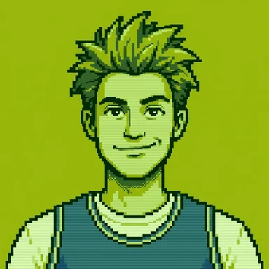 Green four-shade handheld pixel avatar of a young man with spiky brown hair in a basketball jersey