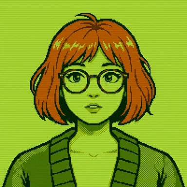 Green four-shade handheld pixel avatar of a young woman with a copper-red bob and round glasses