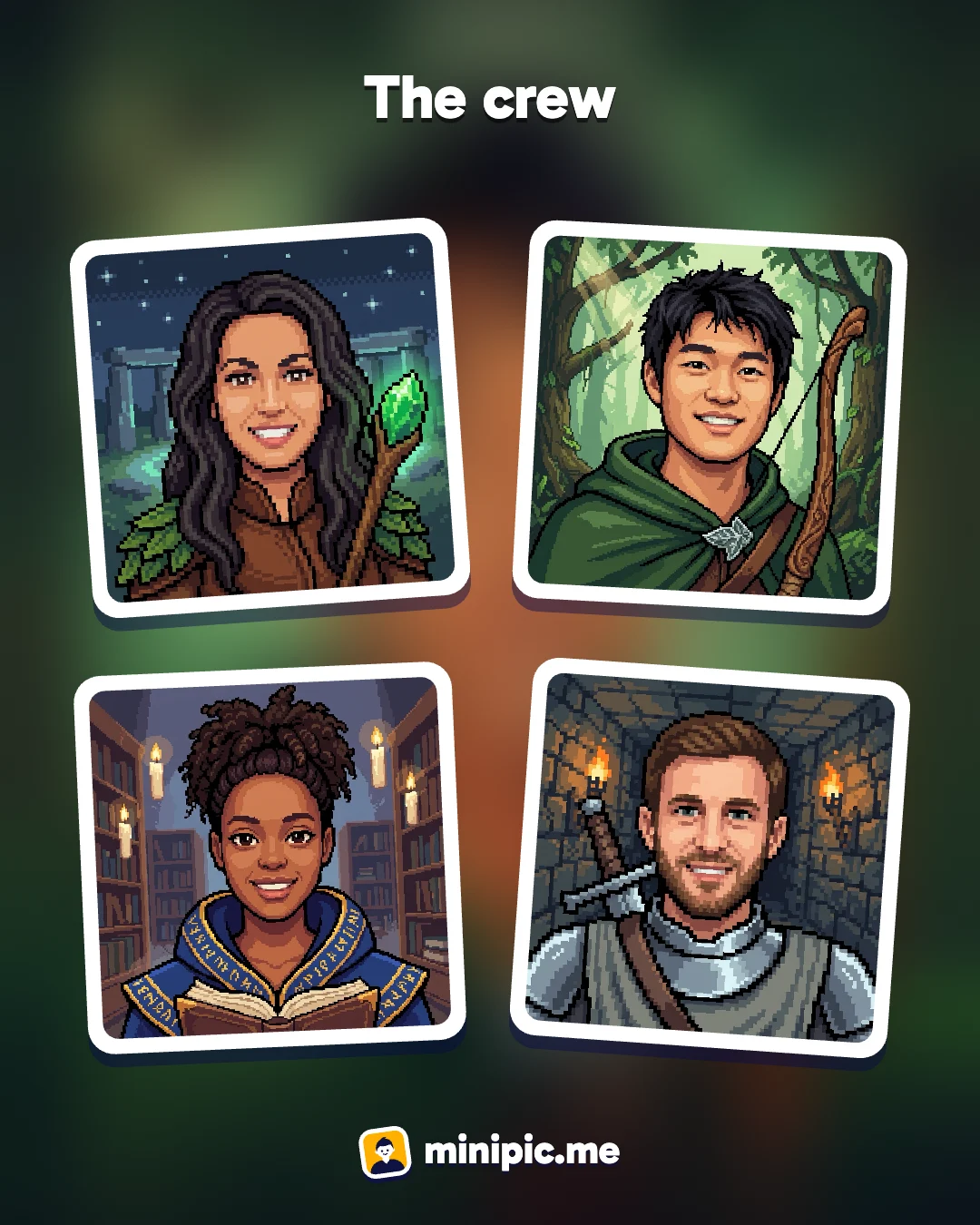 Group card in 8-bit: four friends as a fantasy party, a druid, a ranger, a scholar and a knight
