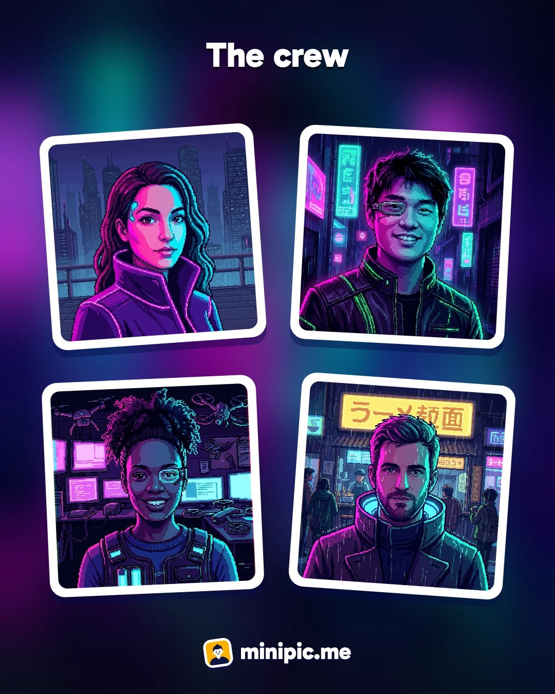 Group card in Cyberpunk: four friends in neon-lit city streets