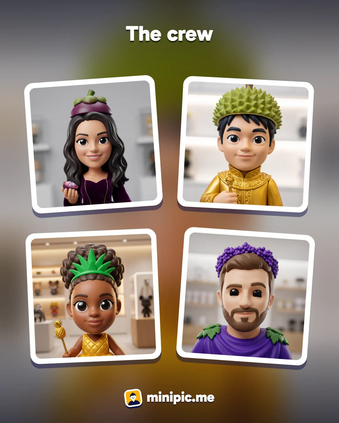Group card in Toy: four friends as vinyl toy figures, each crowned with a different fruit