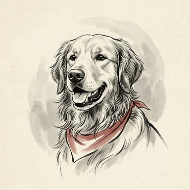 Ink wash sketch portrait of a golden retriever in a red bandana