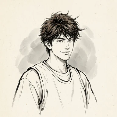 Ink wash sketch portrait of a young man with spiky brown hair in a basketball jersey