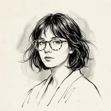 Ink wash sketch portrait of a young woman with a copper-red bob and round glasses