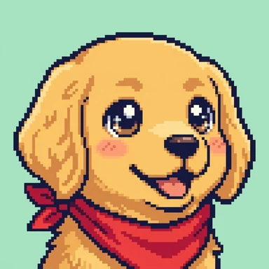 Kawaii chibi pixel avatar of a golden retriever in a red bandana