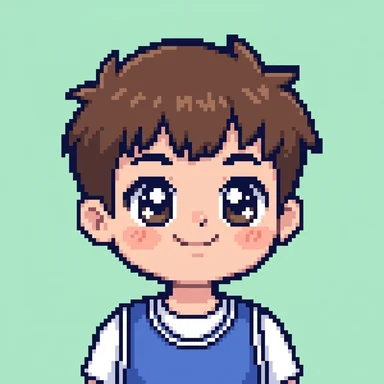Kawaii chibi pixel avatar of a young man with spiky brown hair in a basketball jersey
