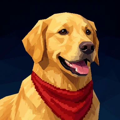 Low-poly 3D game character avatar of a golden retriever in a red bandana