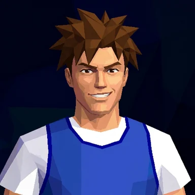 Low-poly 3D game character avatar of a young man with spiky brown hair in a basketball jersey