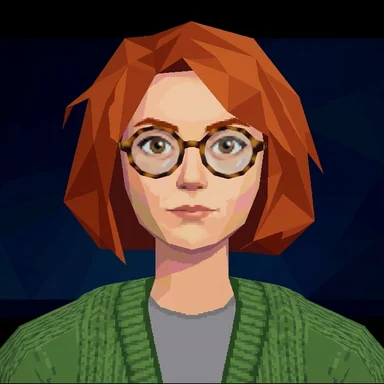 Low-poly 3D game character avatar of a young woman with a copper-red bob and round glasses
