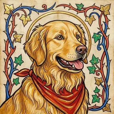 Medieval illuminated manuscript portrait of a golden retriever in a red bandana