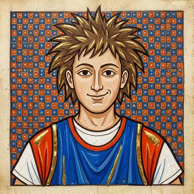 Medieval illuminated manuscript portrait of a young man with spiky brown hair in a basketball jersey