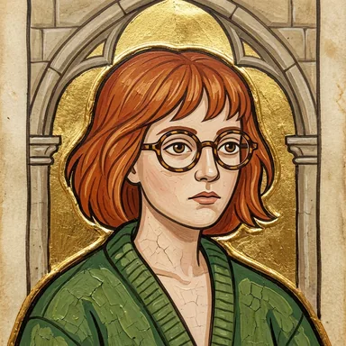 Medieval illuminated manuscript portrait of a young woman with a copper-red bob and round glasses