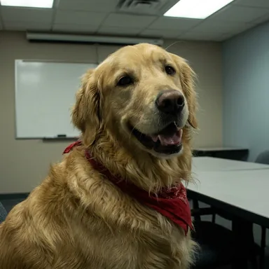 Workplace mockumentary office portrait photo of a golden retriever in a red bandana