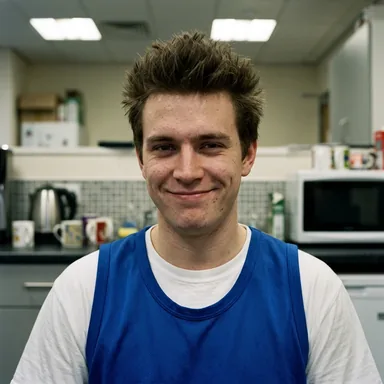 Workplace mockumentary office portrait photo of a young man with spiky brown hair in a basketball jersey