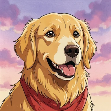 Retro anime cel portrait of a golden retriever in a red bandana