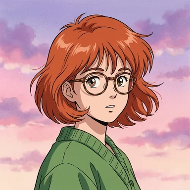 Retro anime cel portrait of a young woman with a copper-red bob and round glasses