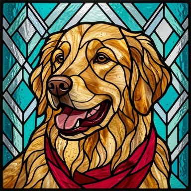 Stained glass window portrait of a golden retriever in a red bandana
