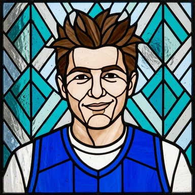 Stained glass window portrait of a young man with spiky brown hair in a basketball jersey