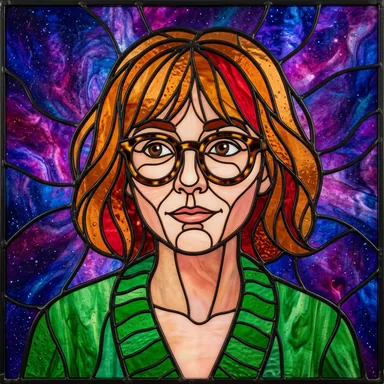 Stained glass window portrait of a young woman with a copper-red bob and round glasses