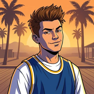Cel-shaded video game poster avatar of a young man with spiky brown hair in a basketball jersey