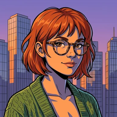 Cel-shaded video game poster avatar of a young woman with a copper-red bob and round glasses