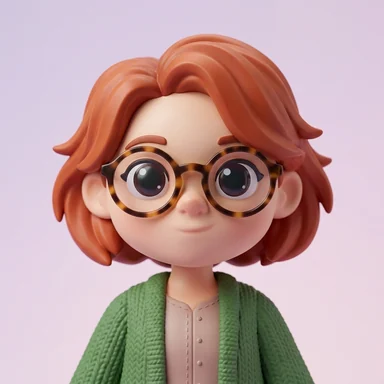 Collectible vinyl toy figure of a young woman with a copper-red bob and round glasses